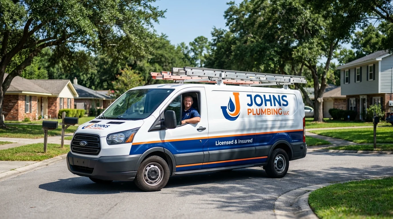 Johns Plumbing LLC service van in Woodbridge, CT