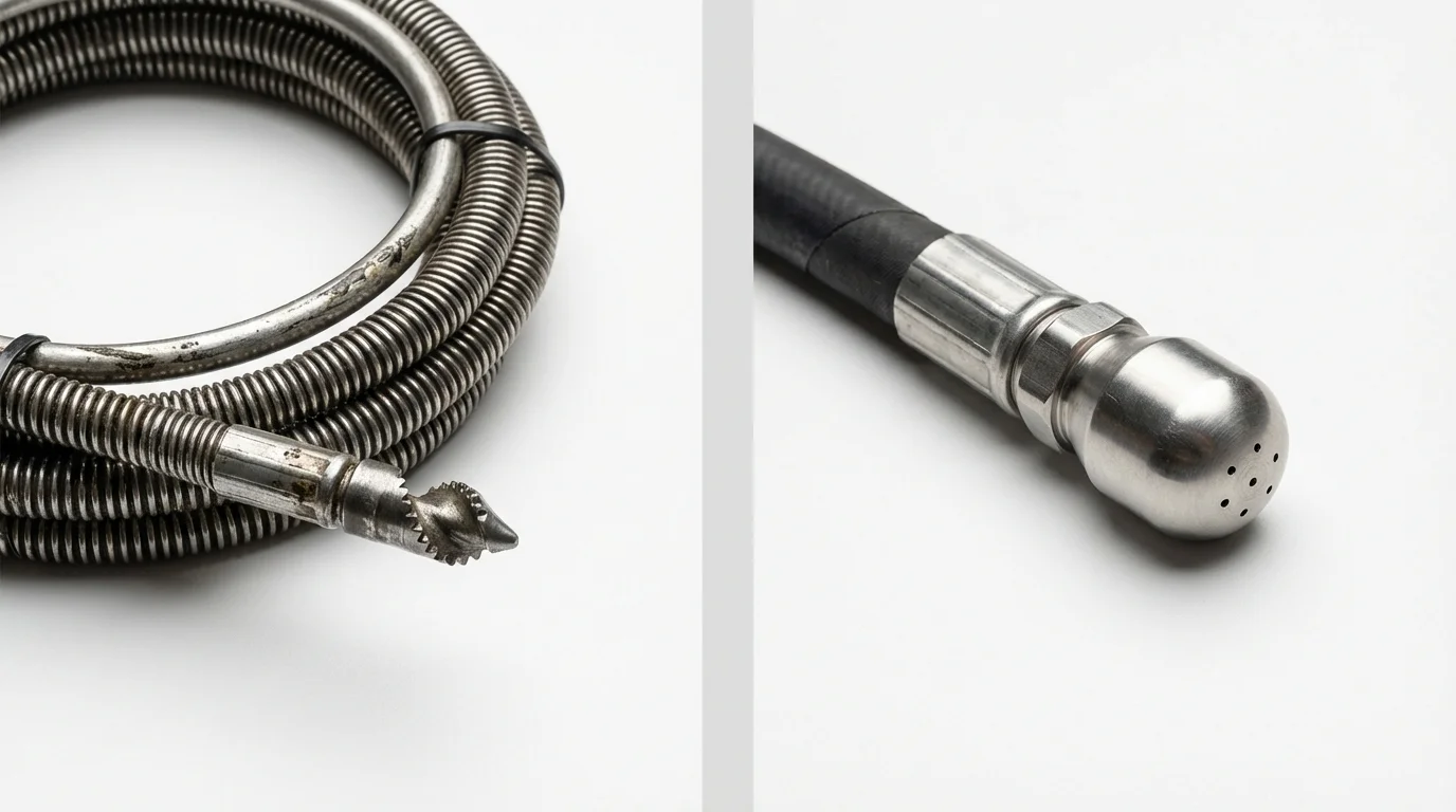 Drain snake cable and hydro jetting nozzle used for drain cleaning in Woodbridge, CT