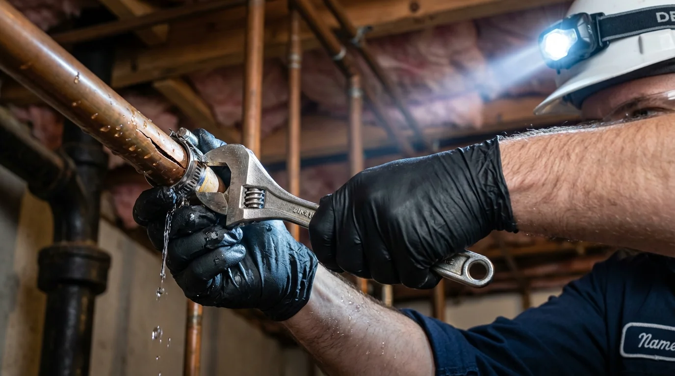 Emergency pipe clamp repair being performed by a Johns Plumbing LLC plumber in Woodbridge