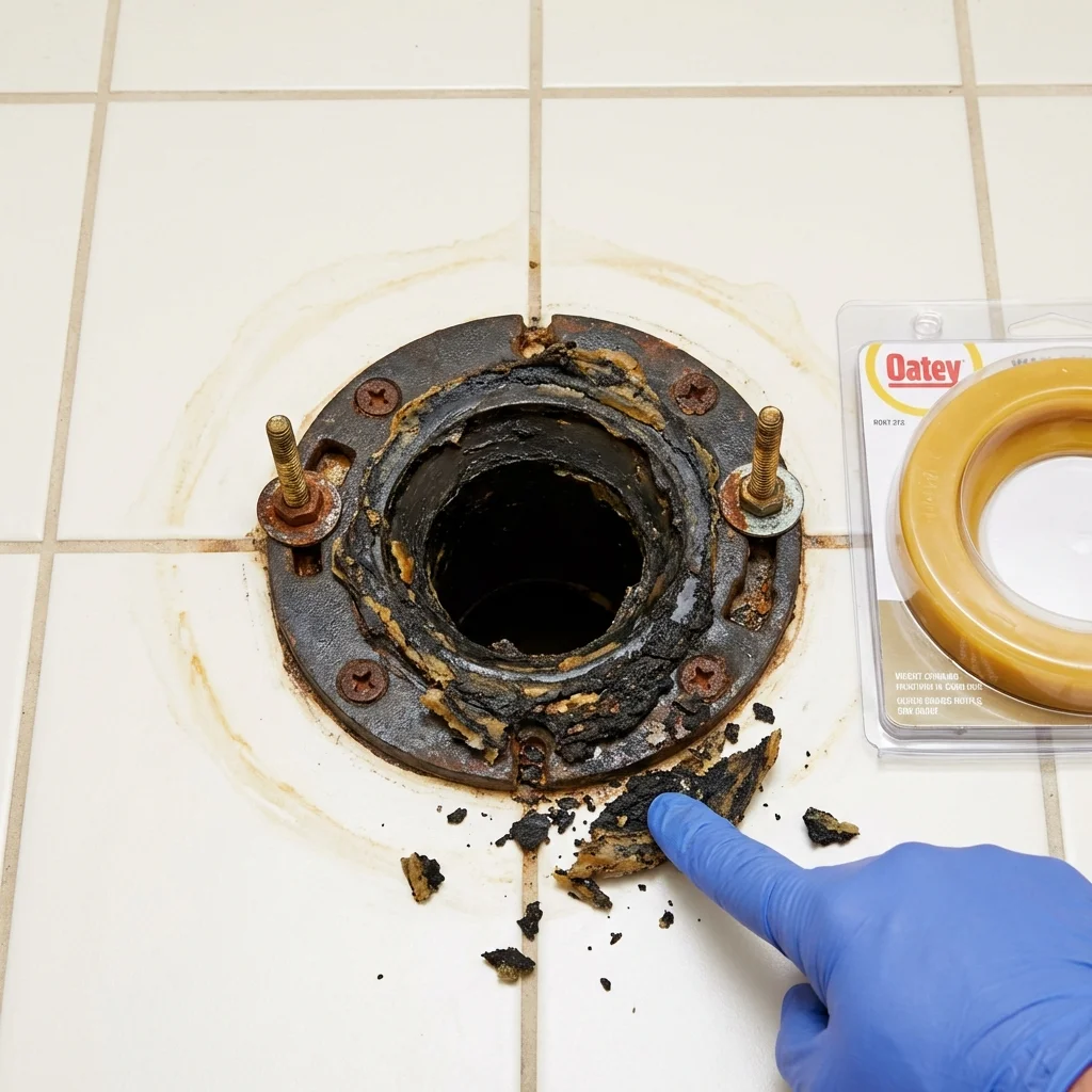 Failed wax ring showing water seepage at the base of a toilet in a Woodbridge, CT home