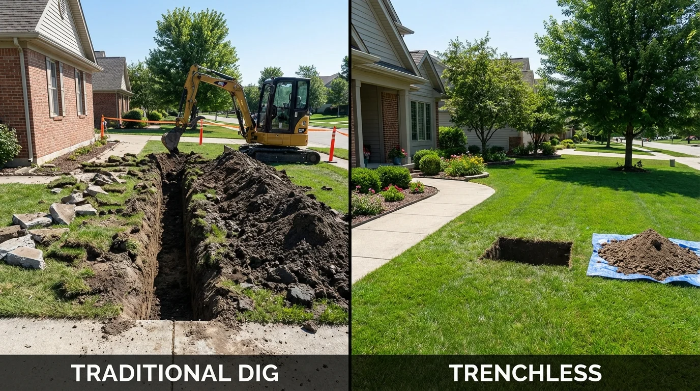 Trenchless sewer repair with minimal yard damage versus traditional excavation in Woodbridge, CT
