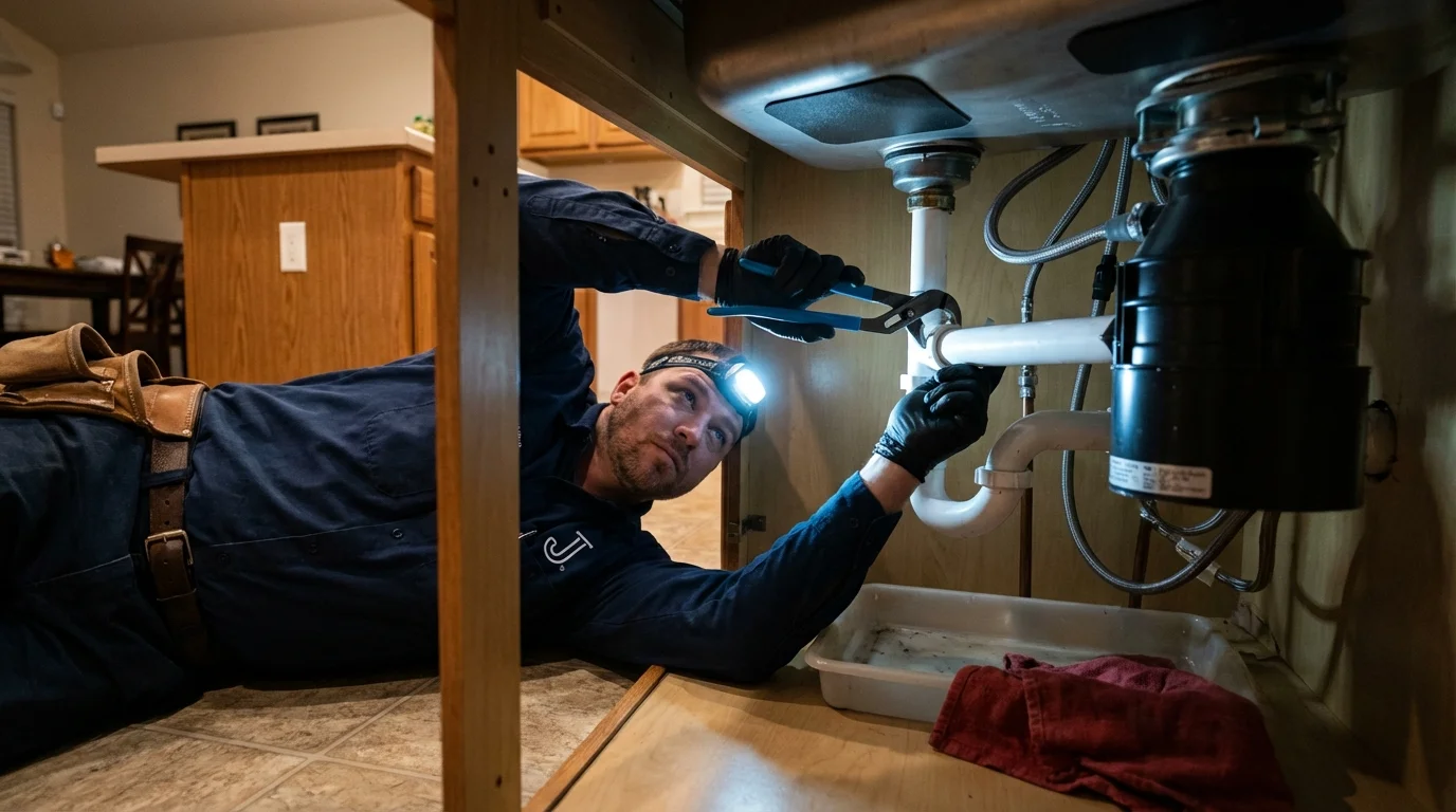 P-trap and supply line connections under a kitchen sink showing a common leak point in Woodbridge, CT